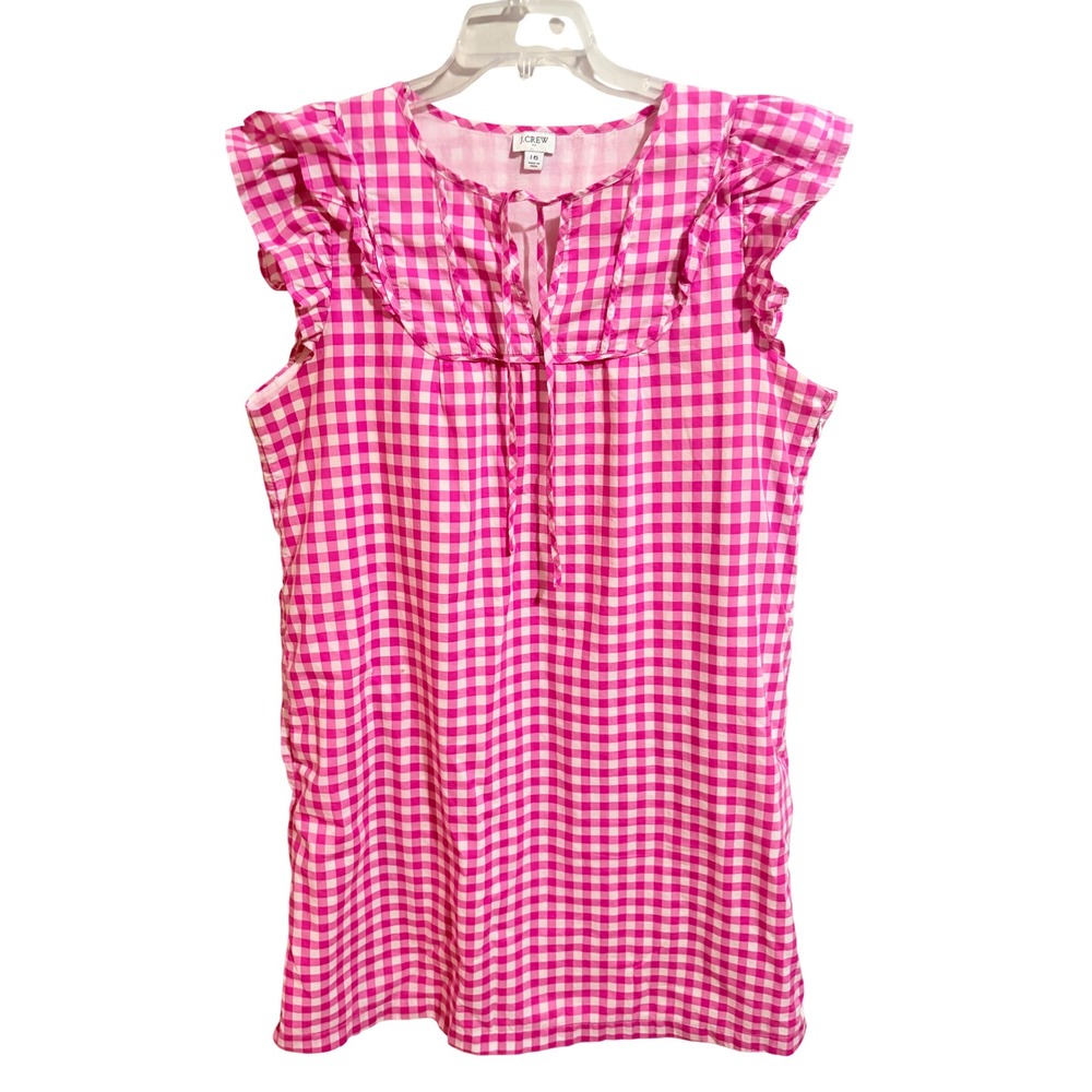 J.Crew Gingham Shift Dress 16 Pink‎ Excellent Ruffle Bib Tie Neck Flutter Sleeve